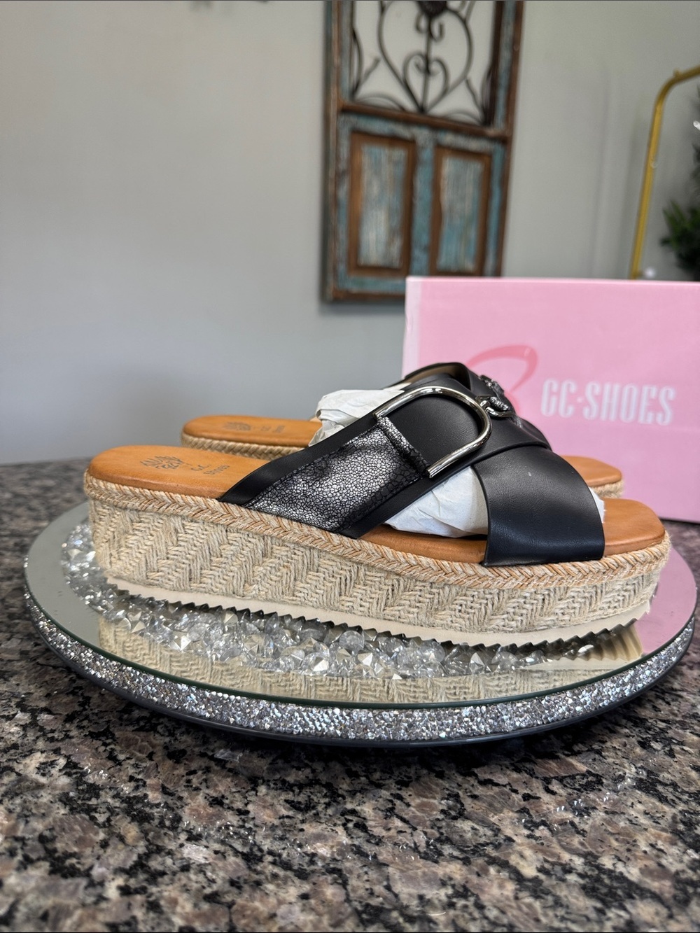 GC Shoes Lindsey Black and silver Platform espadrille mule with buckle NEW 9.5